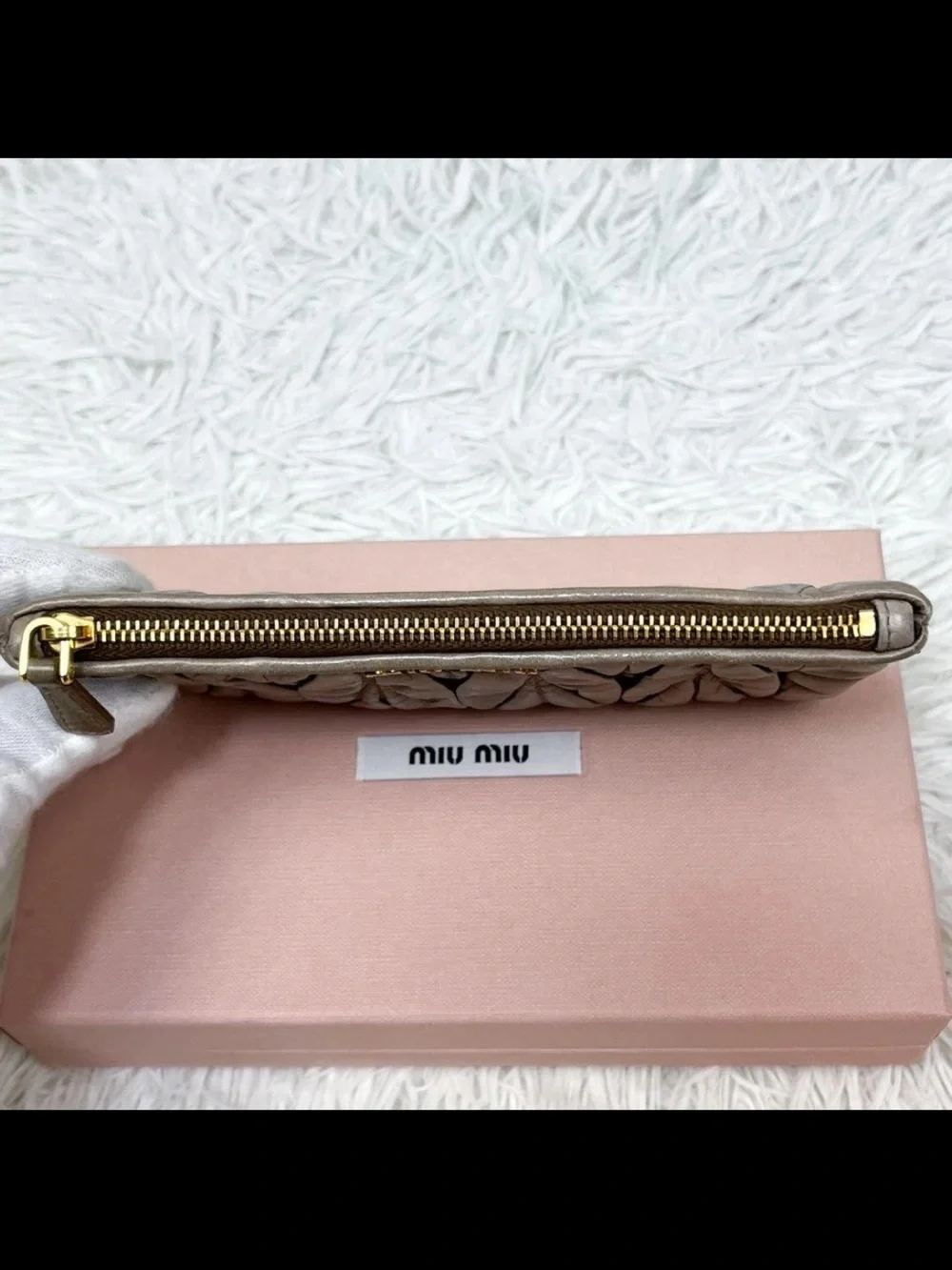 Miu Miu Metallic Taupe Matelassé Zip Wallet with Gold Logo